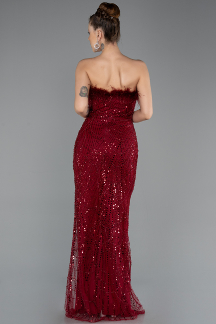 Robe de Soirée Longue Perlé Rouge Bordeaux ABU5590