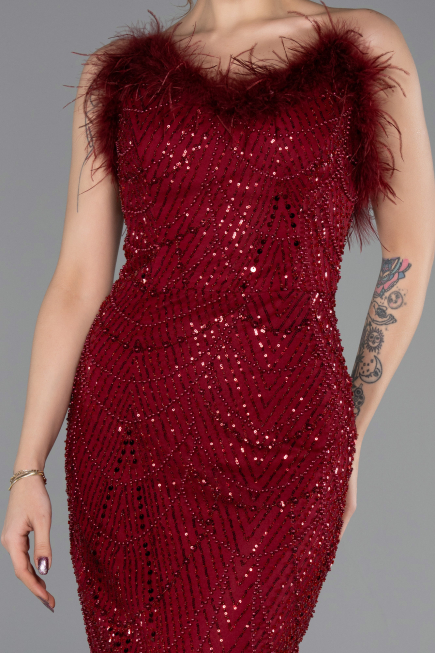 Robe de Soirée Longue Perlé Rouge Bordeaux ABU5590
