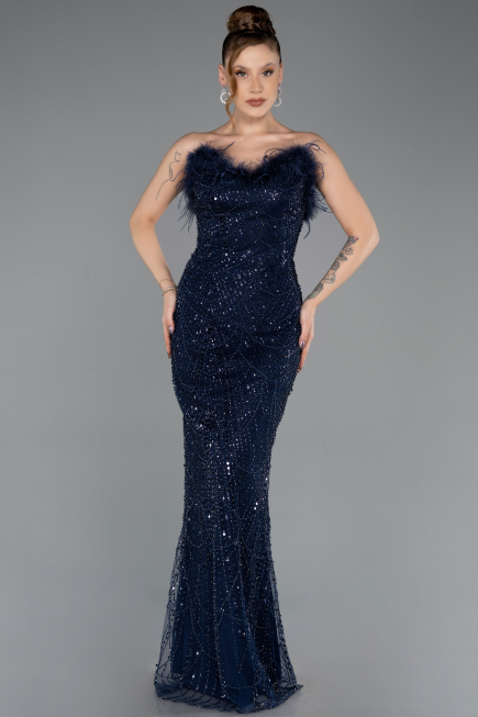 Robe de Soirée Longue Perlé Bleu Marine ABU5590