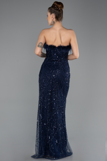Robe de Soirée Longue Perlé Bleu Marine ABU5590