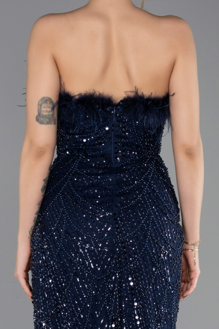 Robe de Soirée Longue Perlé Bleu Marine ABU5590