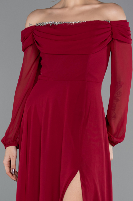 Robe de Soirée Longue Mousseline Rouge Bordeaux ABU5591