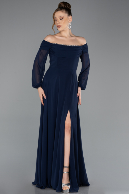 Robe de Soirée Longue Mousseline Bleu Marine ABU5591
