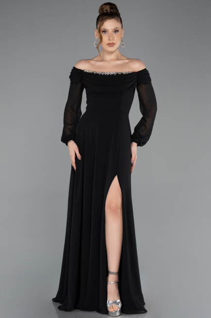 Robe de Soirée Longue Mousseline Noir ABU5591