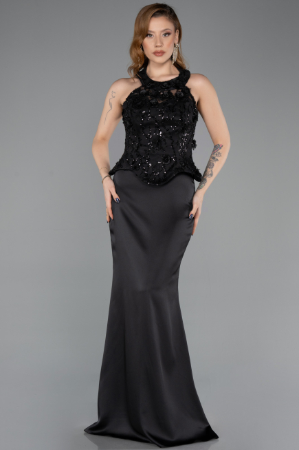 Robe de Soirée Longue Satin Noir ABU5601