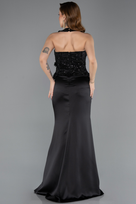 Robe de Soirée Longue Satin Noir ABU5601