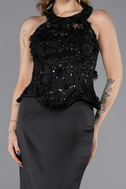 Robe de Soirée Longue Satin Noir ABU5601