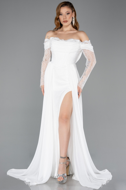 Robe de Soirée Longue Mousseline Blanc ABU5602