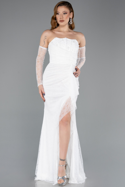 Robe de Soirée Longue Dantelle Blanc ABU5603