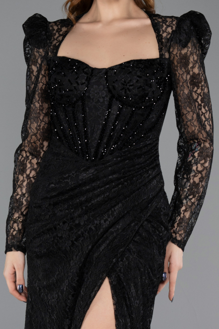 Robe de Soirée Longue Dantelle Noir ABU5604