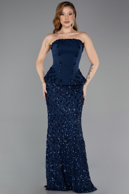 Robe Queue de Poisson Longue Dantelle Bleu Marine ABU5612