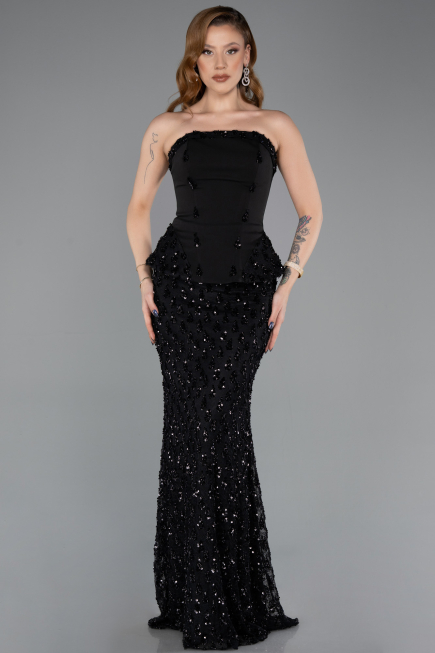 Robe Queue de Poisson Longue Dantelle Noir ABU5612