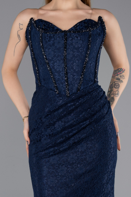 Robe de Soirée Longue Dantelle Bleu Marine ABU5587