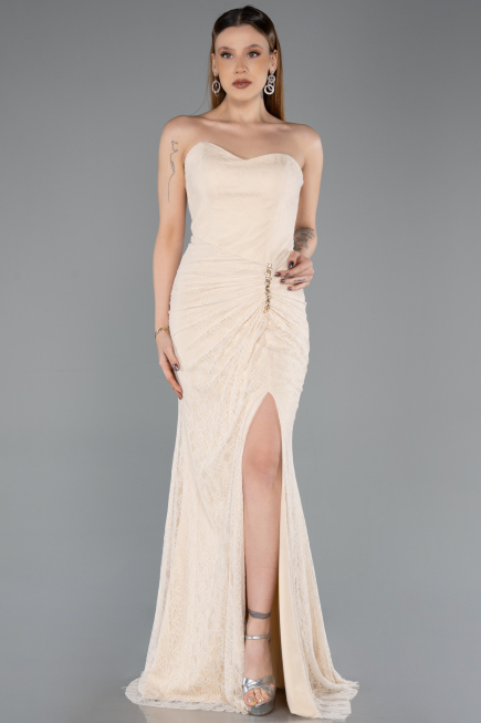 Robe de Soirée Longue Dantelle Beige ABU5614