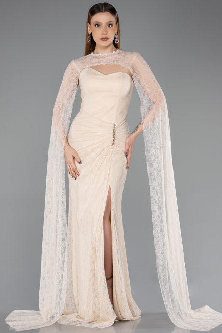 Robe de Soirée Longue Dantelle Beige ABU5614