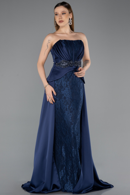 Robe de Soirée Longue Dantelle Bleu Marine ABU5615