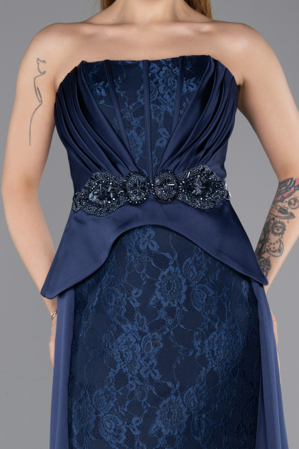 Robe de Soirée Longue Dantelle Bleu Marine ABU5615