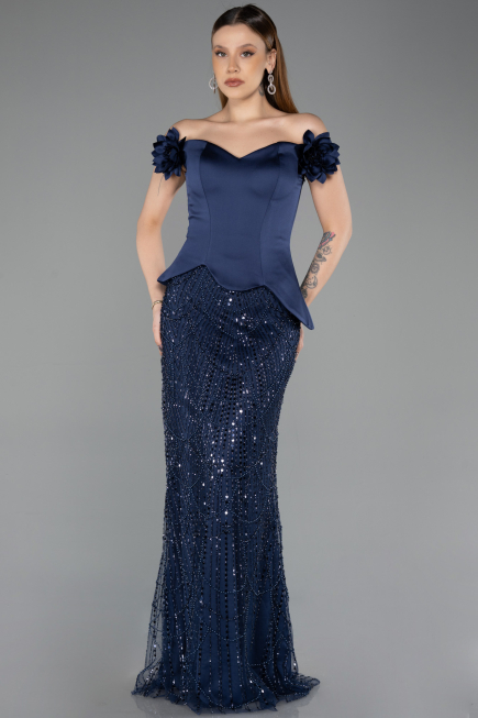 Robe de Soirée Longue Perlé Bleu Marine ABU5616