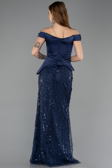 Robe de Soirée Longue Perlé Bleu Marine ABU5616