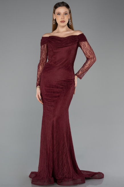 Robe de Soirée Longue Dantelle Rouge Bordeaux ABU5617