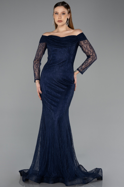 Robe de Soirée Longue Dantelle Bleu Marine ABU5617