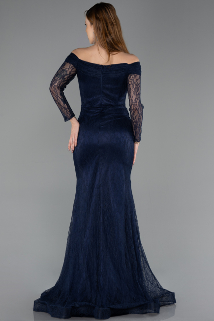 Robe de Soirée Longue Dantelle Bleu Marine ABU5617