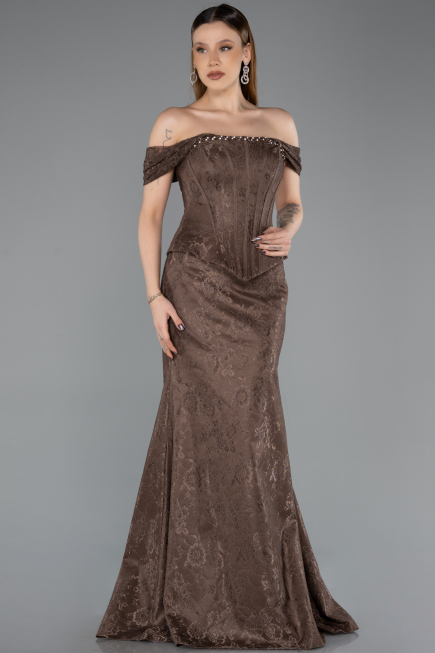Robe de Soirée Longue Dantelle Brun clair ABU5609