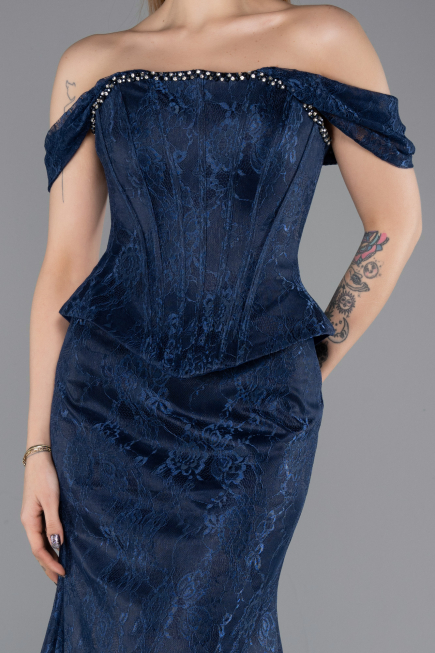 Robe de Soirée Longue Dantelle Bleu Marine ABU5609