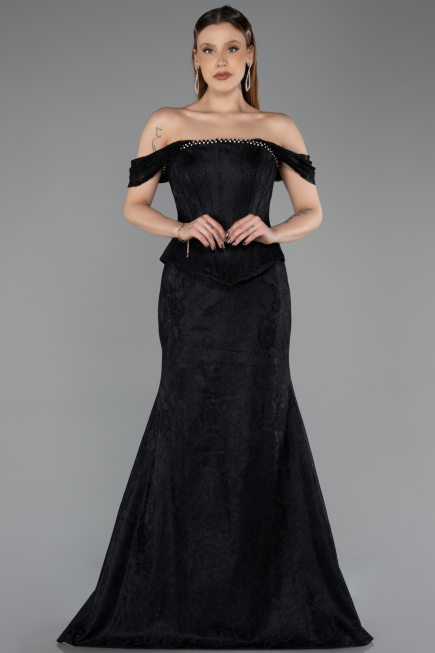 Robe de Soirée Longue Dantelle Noir ABU5609