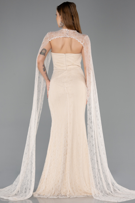 Robe de Soirée Longue Dantelle Beige ABU5614