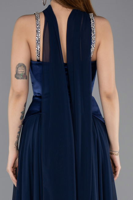 Robe de Soirée Longue Mousseline Bleu Marine ABU5619