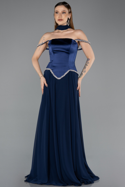 Robe de Soirée Longue Mousseline Bleu Marine ABU5619