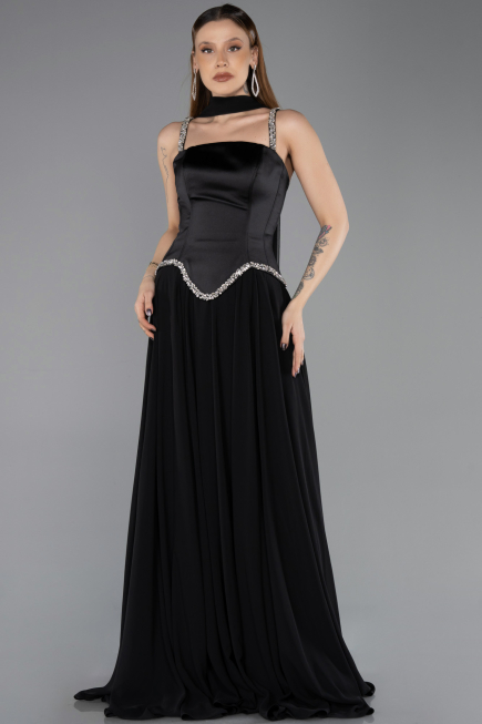 Robe de Soirée Longue Mousseline Noir ABU5619
