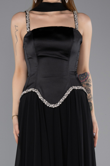 Robe de Soirée Longue Mousseline Noir ABU5619