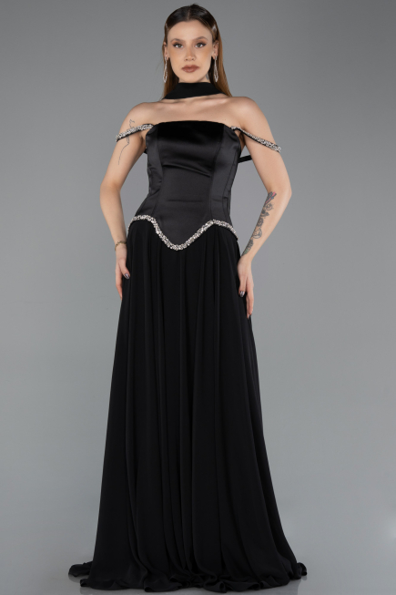 Robe de Soirée Longue Mousseline Noir ABU5619