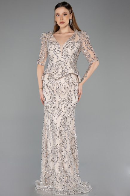 Robe de Soirée Longue Squameuse Beige ABU5621