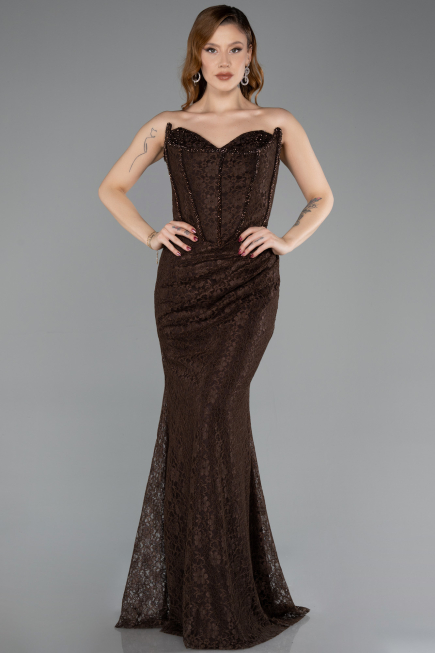 Robe de Soirée Longue Dantelle Brun ABU5587