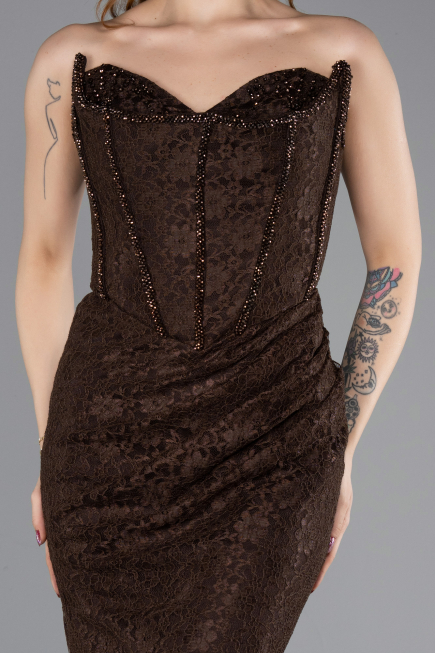 Robe de Soirée Longue Dantelle Brun ABU5587