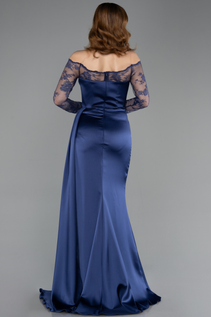 Robe Queue de Poisson Longue Satin Bleu Marine ABU5641