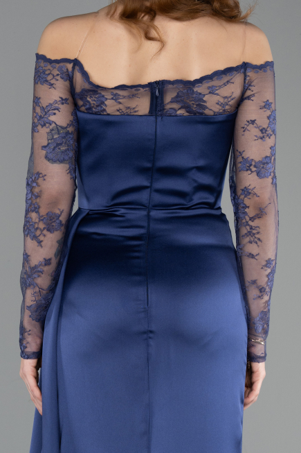 Robe Queue de Poisson Longue Satin Bleu Marine ABU5641