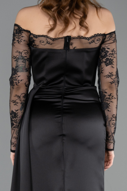 Robe Queue de Poisson Longue Satin Noir ABU5641