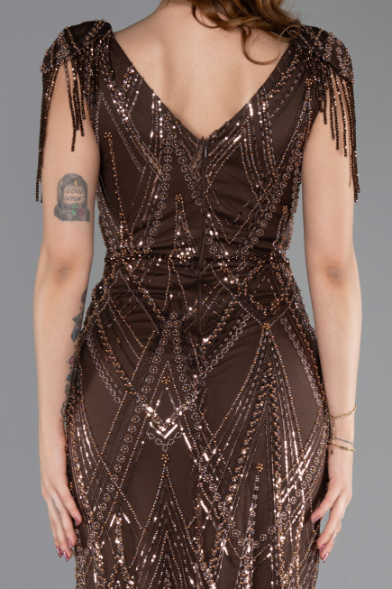 Robe de Soirée Longue Perlé Brun ABU5637