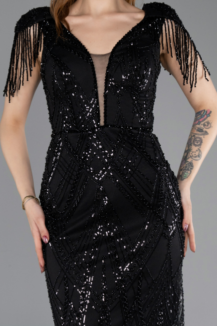 Robe de Soirée Grande Taille Longue Perlé Noir ABU5336