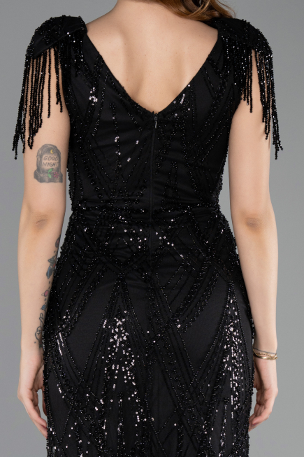 Robe de Soirée Grande Taille Longue Perlé Noir ABU5336