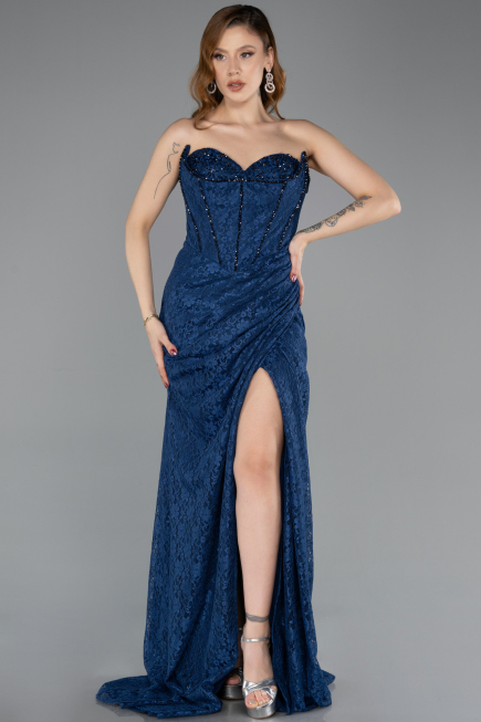 Robe de Soirée Longue Lacé Bleu Marine ABU5642