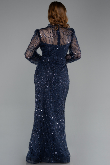 Robe De Soirée Grande Taille Longue Perlé Bleu Marine ABU5643