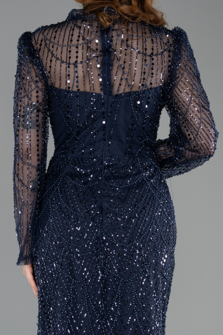 Robe De Soirée Grande Taille Longue Perlé Bleu Marine ABU5643