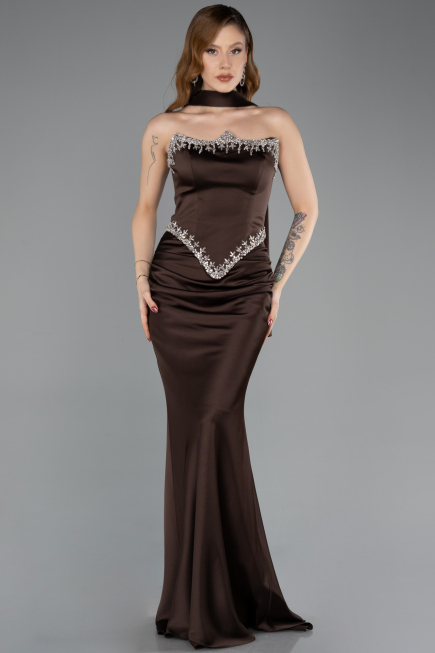 Robe Queue de Poisson Longue Satin Brun ABU5644