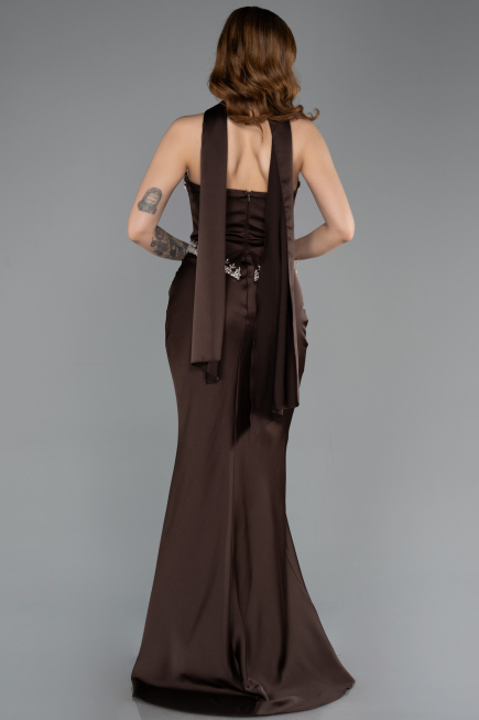 Robe Queue de Poisson Longue Satin Brun ABU5644