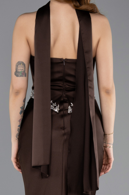 Robe Queue de Poisson Longue Satin Brun ABU5644